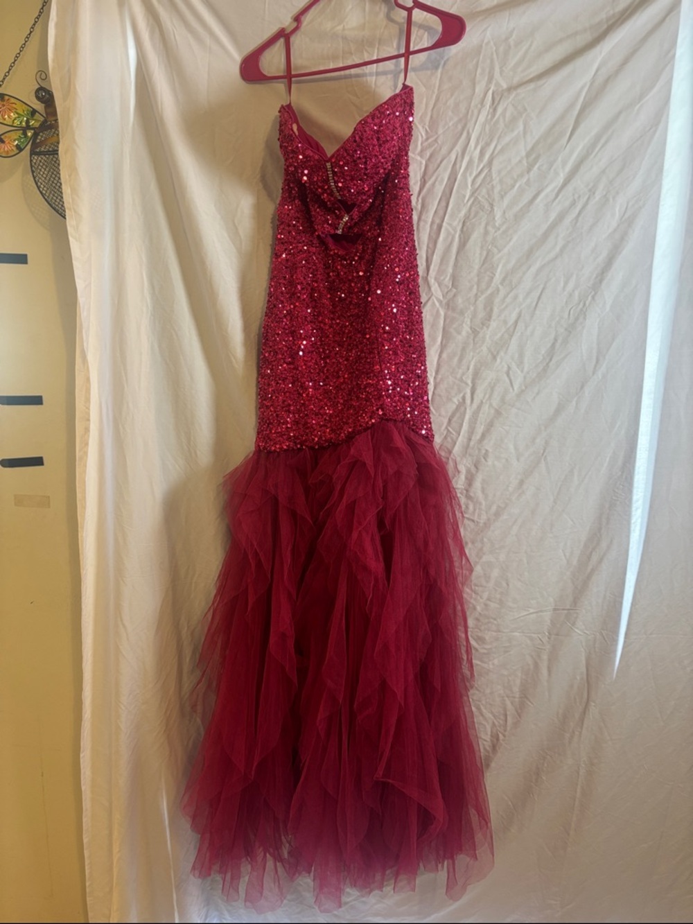 Strapless Sequin Tulle Gown in Deep Fuchsia